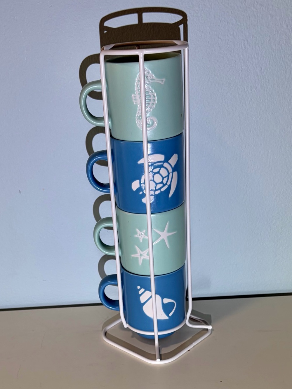 NWOT Stackable Sea Life Ceramic Espresso Mug Set with White Wire Stacking Rack